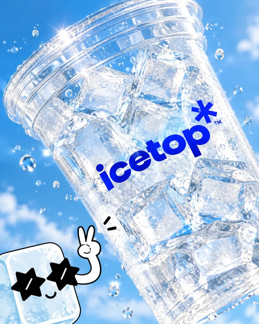 An icetop cup packed with ice cubes against a blue sky, with a cartoon ice cube in star sunglasses